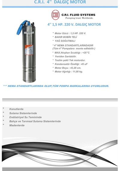 C.r.ı 1 Hp Monofaze 220v Dalgıç Motor