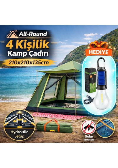 4 Kişilik Otomatik Kamp Çadırı 210x210x135 Cm Su Geçirmez Tenteli Çadır + Kamp Lambası Koyu Yeşil
