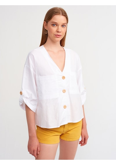 Dilvin 50302 Oversize Apoletli Gömlek-beyaz Beyaz