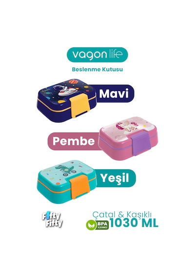 Vagonlife 1030 Ml Tek Kat 4 Bölme Çocuk Beslenme Kutusu Çatal / Kaşık -ffb1262 Mavi