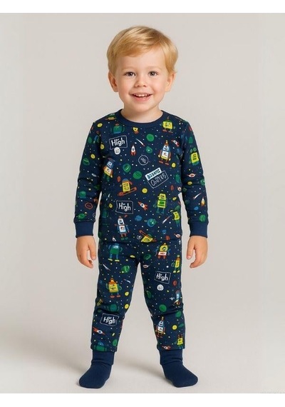 Cantoy Erkek Çocuk Pamuklu Uzay Baskılı Pijama Takımı-16058 Lacivert