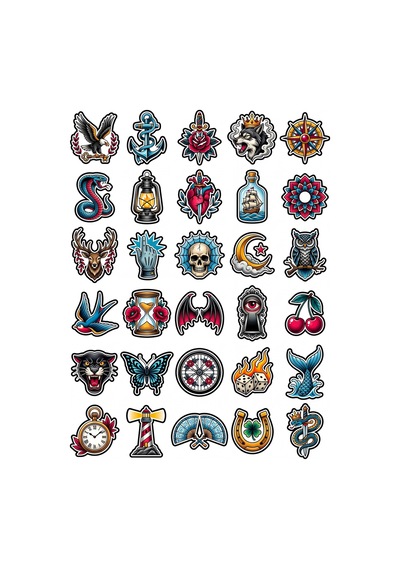 30 Adet Vintage Dövme Temalı Sticker Seti - Laptop Telefon Defter İçin Çok Renkli