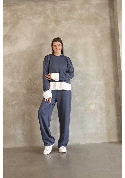 Evoa Kadın Mavi Oversize Gömlek Ve Biye Detaylı İkili Takım İndigo