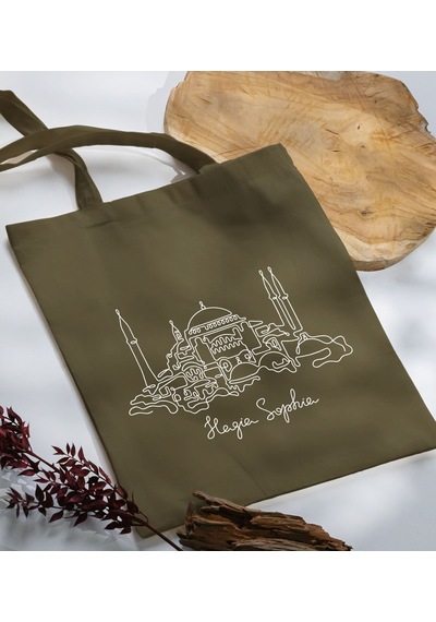 Bk Gift Ayasofya Camii Tasarımlı-1 Haki Kumaş Bez Çanta, Baskılı Omuz Çantası, Alışveriş Çantası, Anneye Hediye Sarı