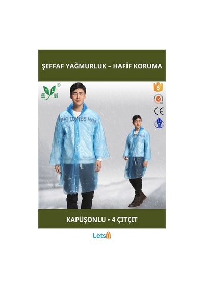 Letsii Unisex İnce Şeffaf Yağmurluk Kapüşonlu Dört Çıtçıtlı Çok Renkli