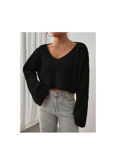 Nimas Kadın Oversize V Yaka Triko Crop Kazak Siyah - 660238521 Siyah