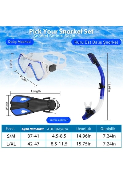 Monozone Yetişkinler İçin Şnorkel Takımı 3parça Set,dalış Gözlüğü