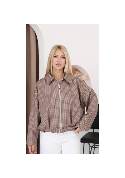 Moda Banuş Ekose Pile Detay Bomber Mevsimlik Ceket-oversıze Kahverengi