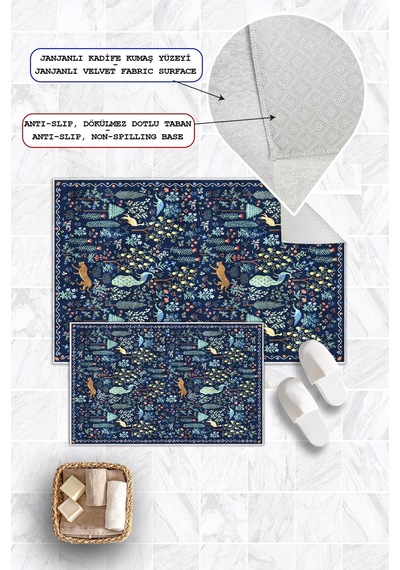 Modern Desenli Baskılı Kaymaz Taban 2li Set Banyo Paspası Klozet Takımı 50x60cm-60x100cm lacivert