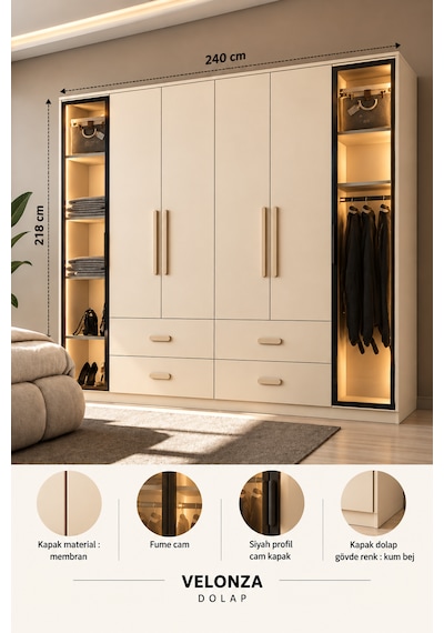 Free Home Velonza Kum Beji Mdf Gardırop Elbise Dolabı 240x218x57 Kumbeji