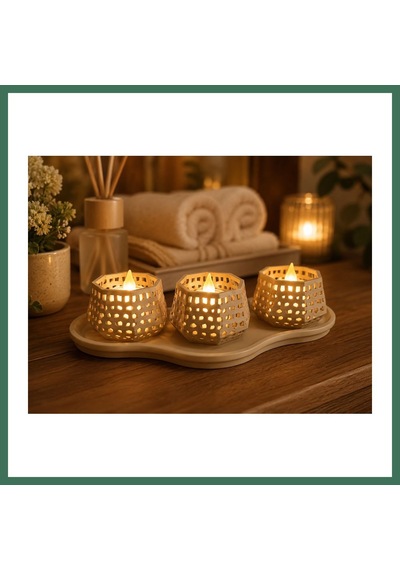 En-cag 3d Baskı Dekoratif Mumluk Seti - Desenli Tealight Ve Masaüstü Aydınlatma Objesi-bej Bss