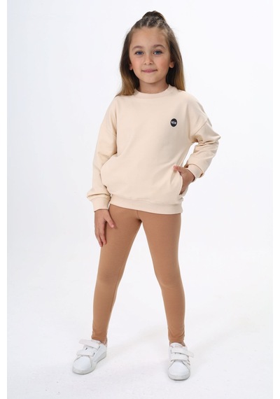 Toontoy Kids Toontoy Kız Çocuk 2'li Takım Baskılı Bisiklet Yaka Düşük Omuz Cepli Sweatshirt & Basic Düz Tayt Bej