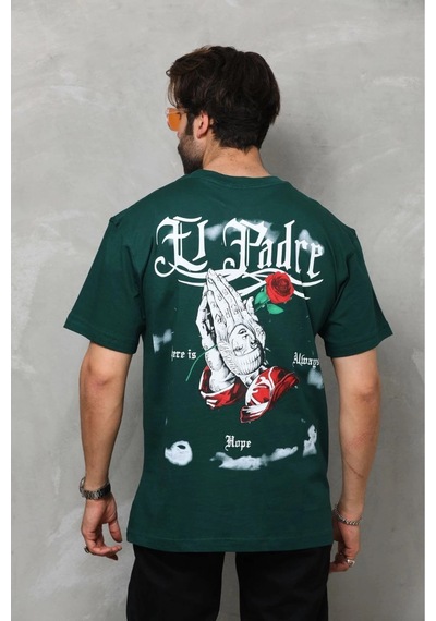 Erkek Kısa Kol Yazlık Tişört Bisiklet Yaka Baskılı Oversize T-shirt - Yeşil