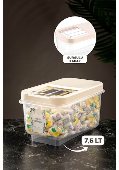 Meleni Home Kayar Kapaklı Etiketli Deterjan Saklama Kabı Krem  7.5 L