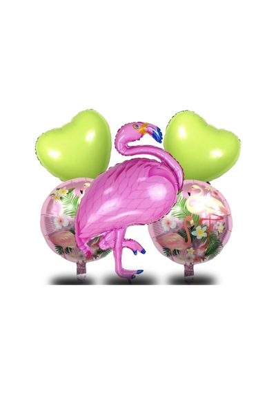 5 Li Flamingo Temalı Yeşil Folyo Kalpli Set Doğum Günü Süsü Parti Süsü Çok Renkli