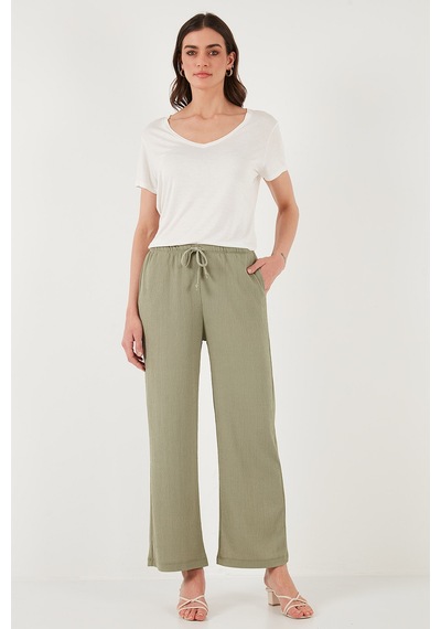 Lela Regular Fit Normal Bel Geniş Paça Bayan Pantolon 5866117 Olive