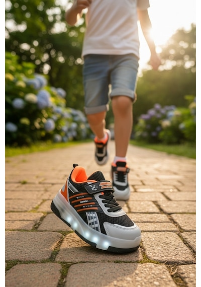 Enoch Çocuk Patenli Işıklı Tekerlekli Spor Ayakkabı & Rahat Cırt Cırtlı Kaykay Ayakkabı 4 Tekerli Sneaker Siyah - Turuncu Enoch Çocuk Patenli Işıklı Tekerlekli Spor Ayakkabı & Rahat Cırt Cırtlı Kaykay Ayakkabı 4 Tekerli Sneaker Siyah - Turuncu