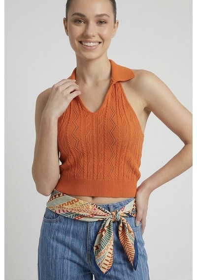Neden Tekstil Kadın Polo Yaka Sırt Dekolteli Crop Bluz - Turuncu