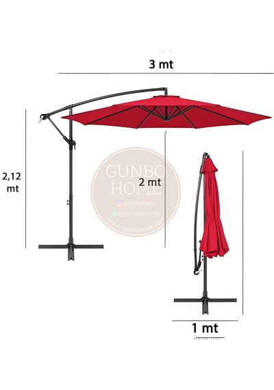 Gunbo Home 3 Mt 8 Kaburga Full Demir 21 Kg Kırmızı Bahçe Şemsiyes