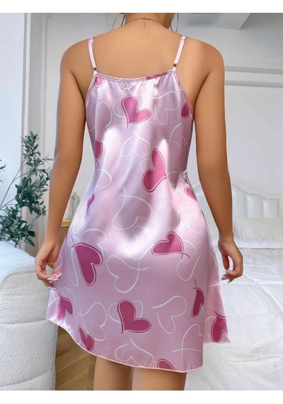 Kadın Pembe Saten Askılı Fuşya Kalp Desen Baskılı Gecelik 2217 Beden / Renk: S/m / Pembe Diğer