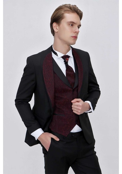 Morven Erkek Siyah Santos Çıkma Yaka Slim Fit Damatlık Siyah