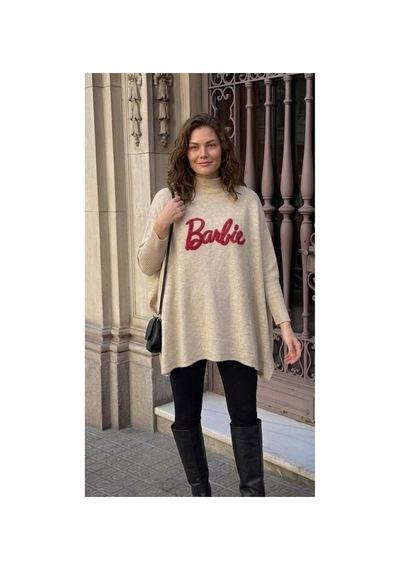 Onno Style Women Barbie Nakışlı Yırtmaçlı Triko Kadın Panço Bej