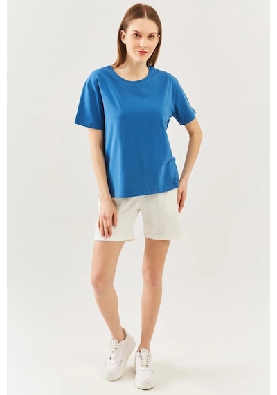 Kadın Rahat %100 Pamuklu Penye Bisiklet Yaka Kısa Kol Basic T-shirt Mavi