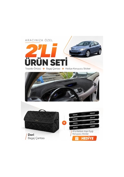 E-biz Renault Megane 3 Küçük Ekran 2008-2015 Uyumlu Torpido Örtüsü + Deri Çanta - Siyah - Re022