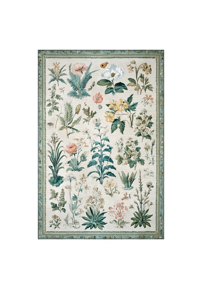Garden 818 Bej Yeşil Botanik Çiçekli Halı Yıkanabilir İnce Dokuma Taban Salon Oturma Odası Halısı Bej Yeşil F