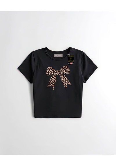 Flood Of Style Siyah Babby Tee Leopar Kurdale Özel Tasarım