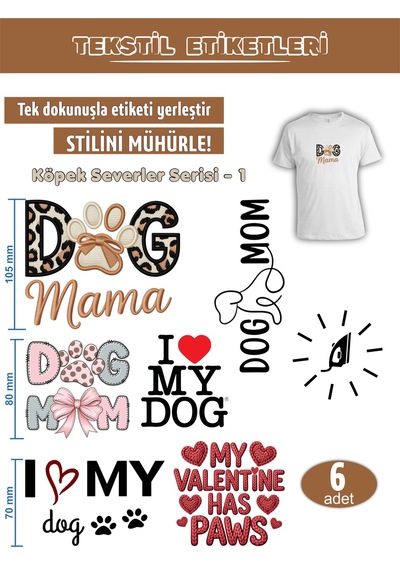 Ütü İle Yapışan Kıyafet Etiketi Köpek Severler Serisi -1 6lı Set Karışık