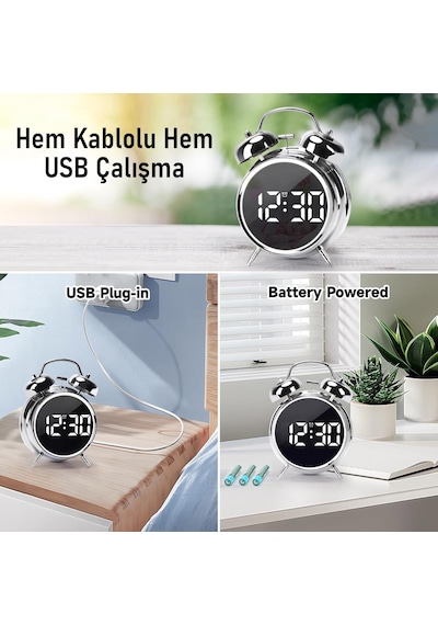 Valkyrie Led Ekranlı Analog Alarmlı Masa Saati Çalar Saat Pil Dereceli Çift Alarmlı Dijital Saat Gümüş