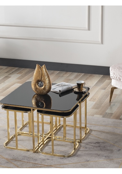 Pelikan 4+1 Siyah Aynalı Temperli Cam Gold Metal Ayak Takım Sehpa Sedaş Living Units Sehpa