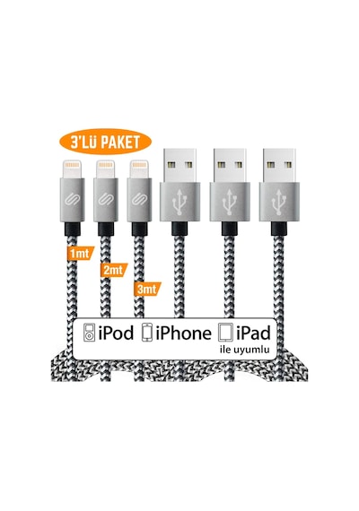 Hızlı Usb Lightning Kablo 3 Lü Şarj Kablosu Seti - Xs/x/8 Plus/7/7 Plus/6/6 Plus/6s/6s Plus/5/5s/5c/se&ipad İle Uyumlu Siyah Beyaz