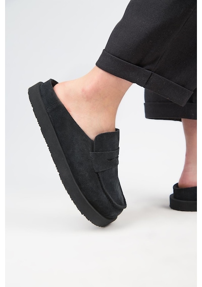 Manijero Ziva Kadın Hakiki Deri Loafer Platform Antrasit Terlik