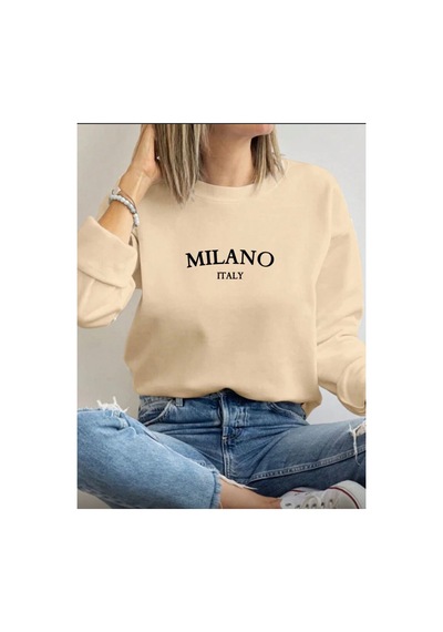 Herkesemoda Milano Baskı Detaylı Bisiklet Yaka İçi Polarlı Sweatshirt Bej