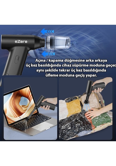 Ezere J02 Çift Fonksiyonlu Mini Araç Süpürgesi & Turbo Fan Hava Üfleyici