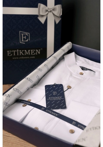 Beyaz Hakim Yaka Üç Düğmeli Slimfit Keten Erkek Gömlek Beyaz
