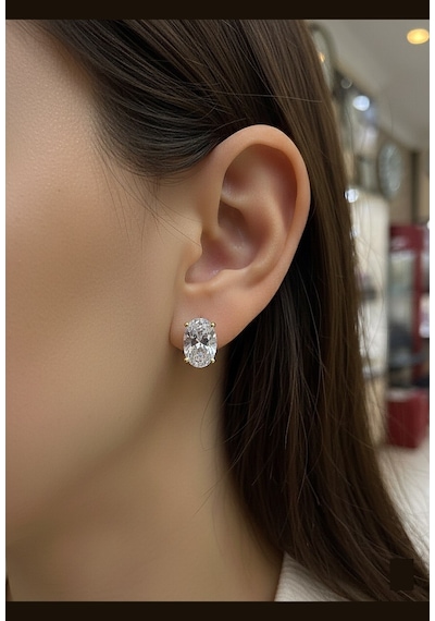 Gümüş Oval 12x8 Mm 4,5 Carat Altın Kaplama Tektaş Küpe Sarı