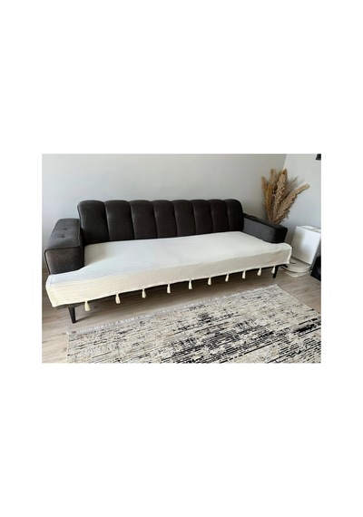 Püsküllü Şal Model Koltuk Örtüsü Ekru 100x230 %100 Pamuk Örme, Kaymaz, Dekoratif Ev Tekstili Ekru Ekru