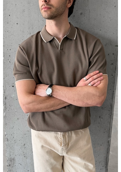 Erkek Oversize Selanik Polo Yaka Triko T-shirt Açık Kahve