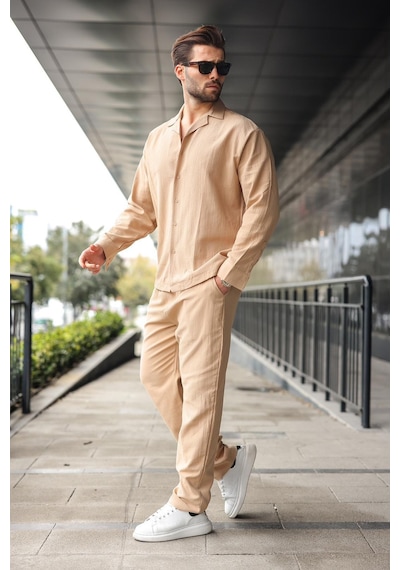 Madmext Bej Düğmeli Basic Erkek Gömlek Pantolon Takım E7335 Bej
