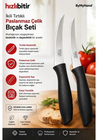 Bymyhand Paslanmaz Çelik Siyah Meyve Bıçağı Soyma Bıçağı Dilimleme Bıçağı 2'li Set