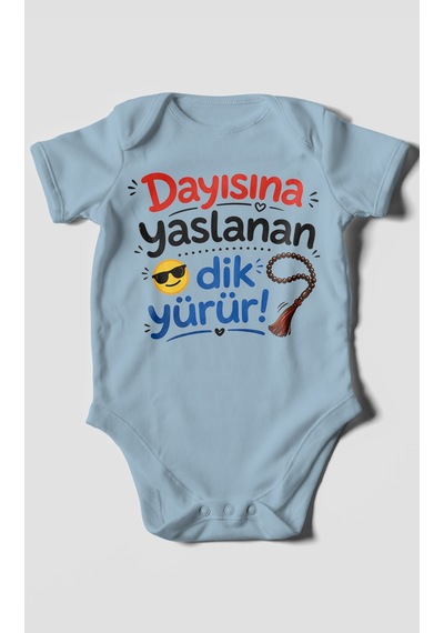 Morivokids Dayısına Yaslanan Dik Yürür Kısa Kollu Bebek Body %100 Pamuk Bebe Mavisi