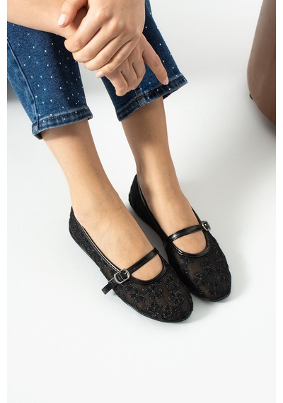 Dabab Shoes Lorena Kadın Siyah Çiçek Nakışlı Tül Mary Jane Babet