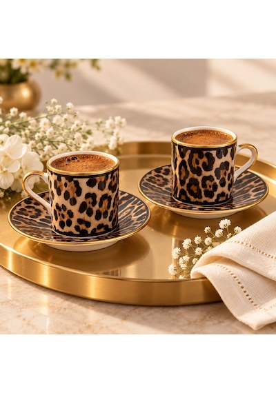 2 Kişilik 4 Parça Leopar Desenli Türk Kahvesi Fincan Takımı, Gold Detaylı Şık Kahve Seti Siyah
