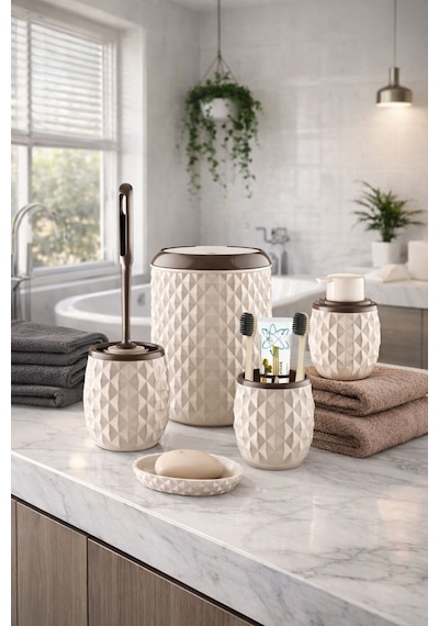 Decorev Geometrik Desenli Krem Banyo Aksesuar Seti – 5 Parça