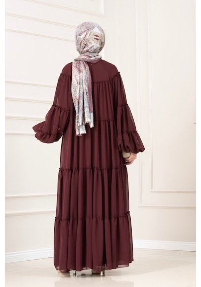 Sevitli Robalı Manolya Şifon Elbise-bordo-5783