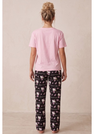 Siyah İnci Hello Kitty Lisanslı %100 Pembe Çok Renkli Bisklet Yaka Pijama Takım 26120461