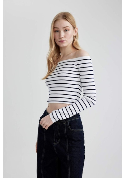 DeFacto Slim Fit Dar Kesim Çizgili Açık Omuz Triko Kazak B7573AX24SPNV31 Lacivert